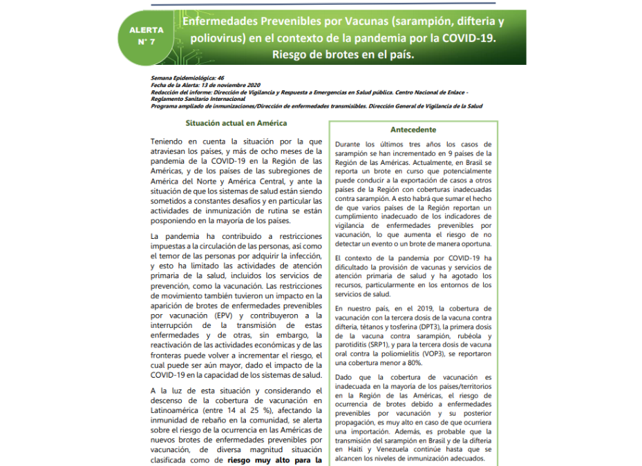 Se activa alerta en el país ante riesgo de brotes por enfermedades prevenibles por vacunas