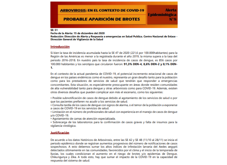 Alerta ante probable brote de arbovirosis en el contexto COVID-19