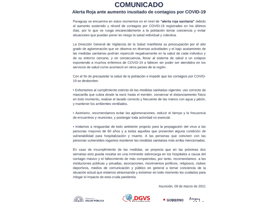 Alerta Roja Sanitaria por aumento acelerado de contagios por COVID-19