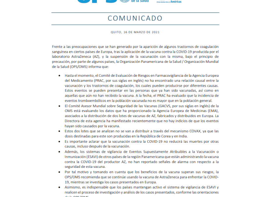 OPS/OMS recomienda continuar usando la vacuna de AstraZeneca para enfrentar la COVID-19