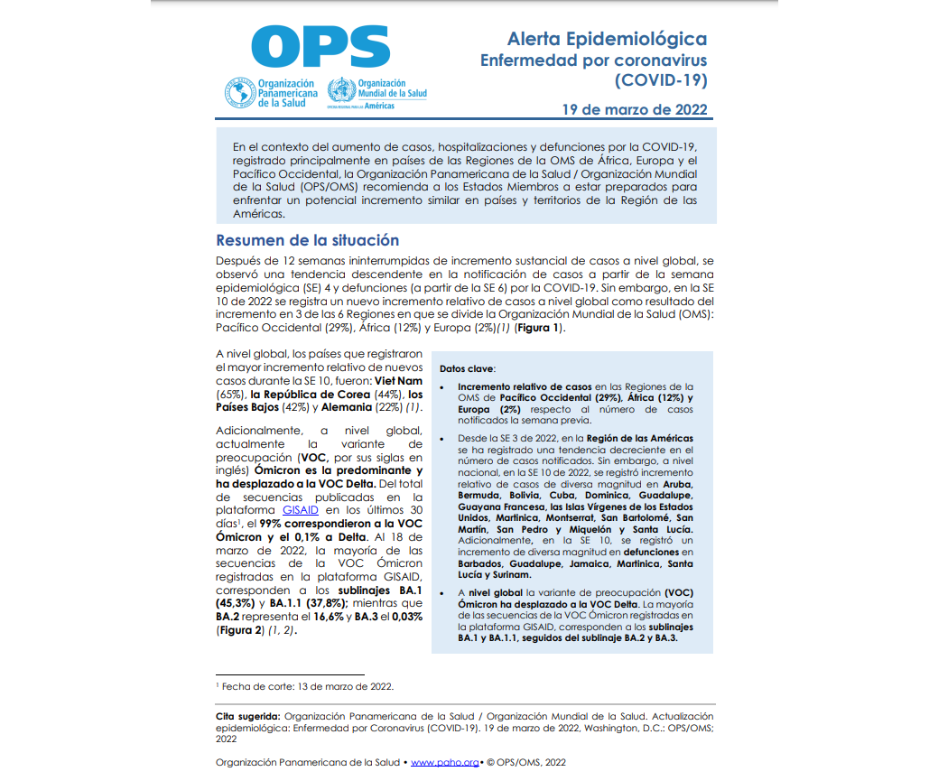 Alerta epidemiológica por incremento de casos COVID-19 en África, Europa y el Pacífico occidental – 23-03-2022