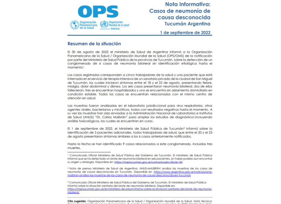 Detectan casos de neumonía desconocida en sanatorio de Tucumán