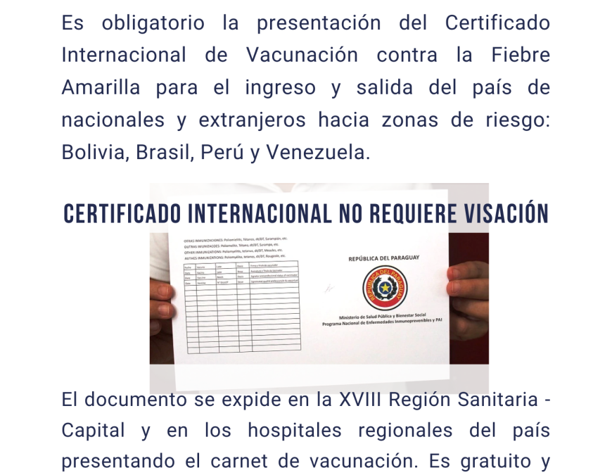 Para viajar a Brasil debe contar con certificado de vacunación contra fiebre amarilla