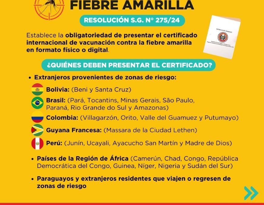 Obligatorio presentar certificado internacional de vacunación contra fiebre amarilla para el ingreso y salida del país