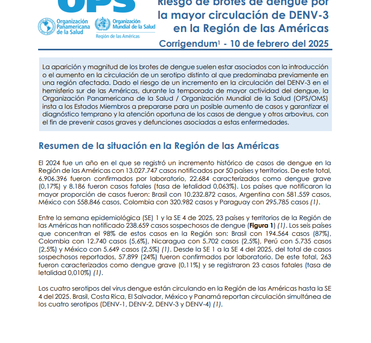 Alerta ante riesgo de brotes por alta circulación del DENV-3 en la región