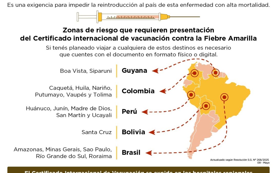 Certificado internacional de vacunación contra fiebre amarilla es obligatorio para ingresar a Paraguay