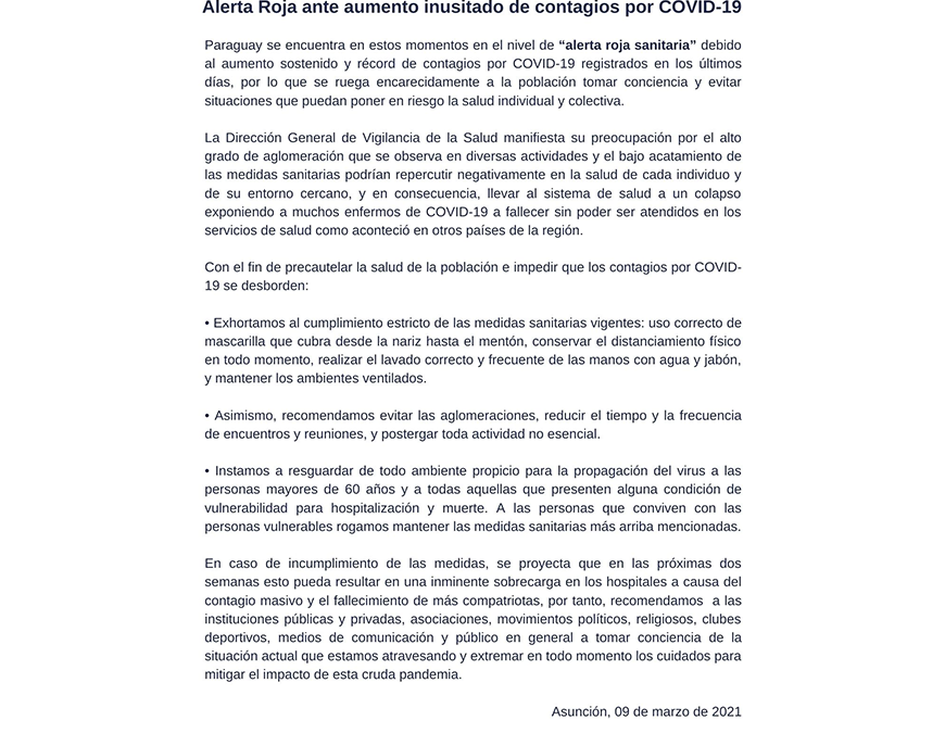 Alerta Roja Sanitaria por aumento acelerado de contagios por COVID-19