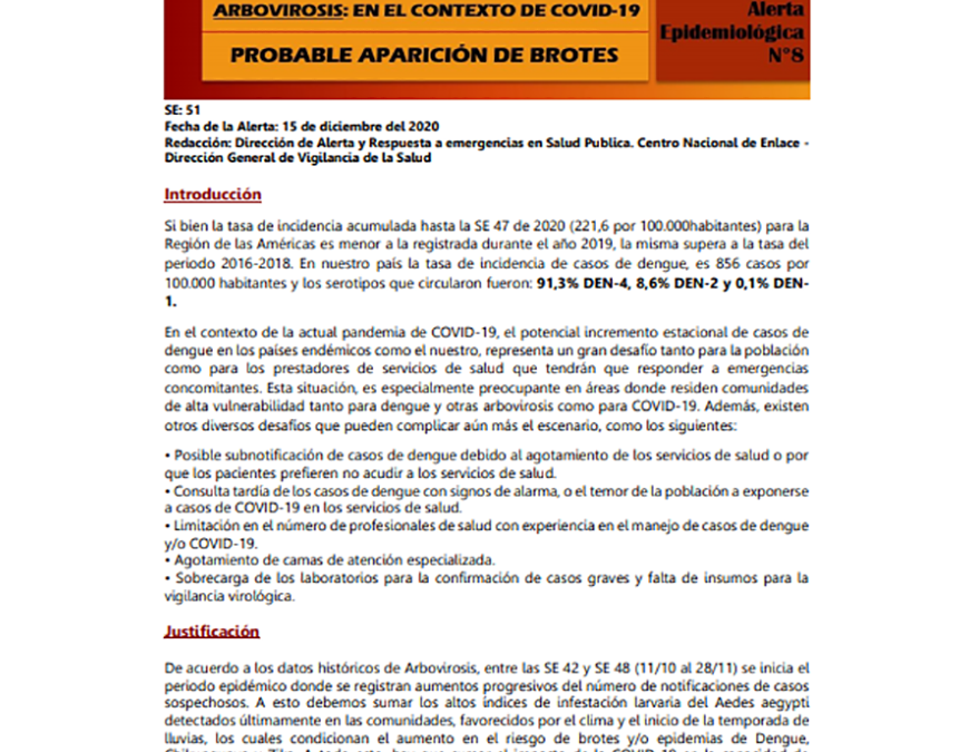 Alerta ante probable brote de arbovirosis en el contexto COVID-19
