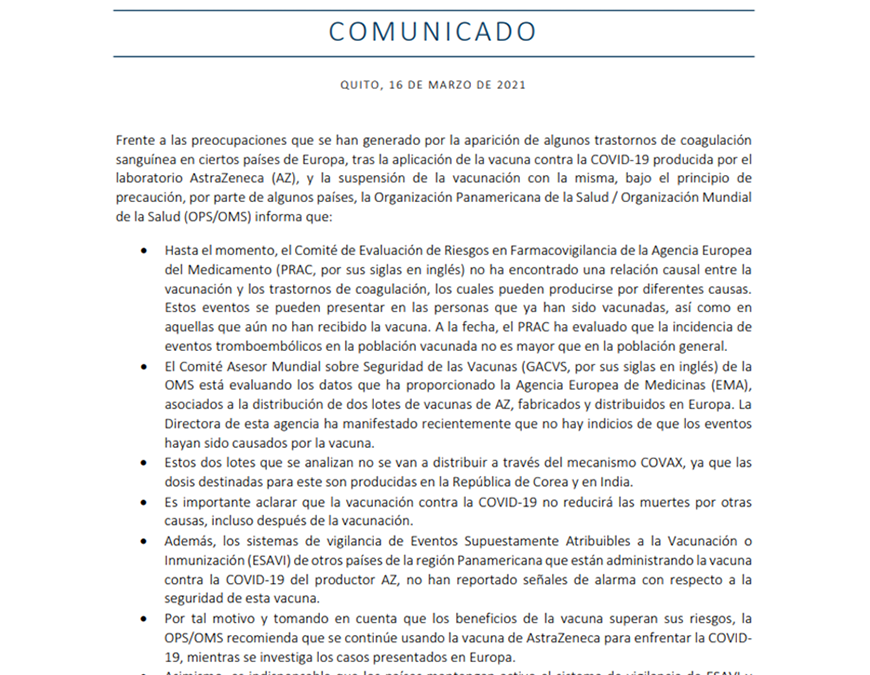 OPS/OMS recomienda continuar usando la vacuna de AstraZeneca para enfrentar la COVID-19