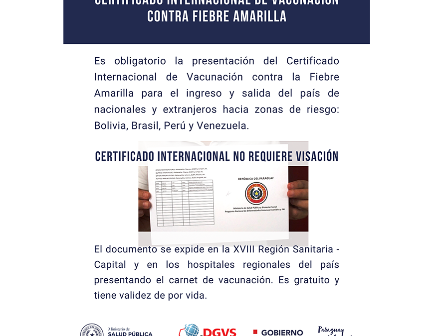Certificado de vacunación contra fiebre amarilla, exigencia para viajar a zonas de riesgo
