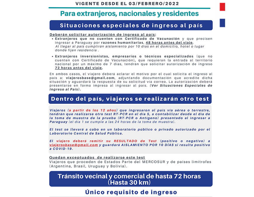 Nuevas exigencias sanitarias de ingreso al país